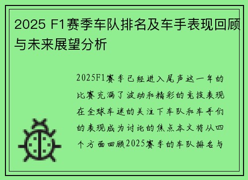 2025 F1赛季车队排名及车手表现回顾与未来展望分析
