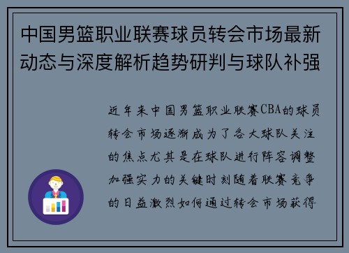 中国男篮职业联赛球员转会市场最新动态与深度解析趋势研判与球队补强策略