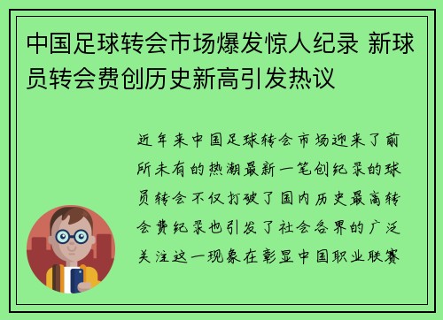 中国足球转会市场爆发惊人纪录 新球员转会费创历史新高引发热议