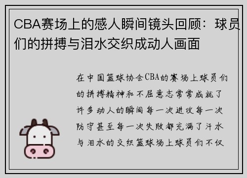 CBA赛场上的感人瞬间镜头回顾：球员们的拼搏与泪水交织成动人画面